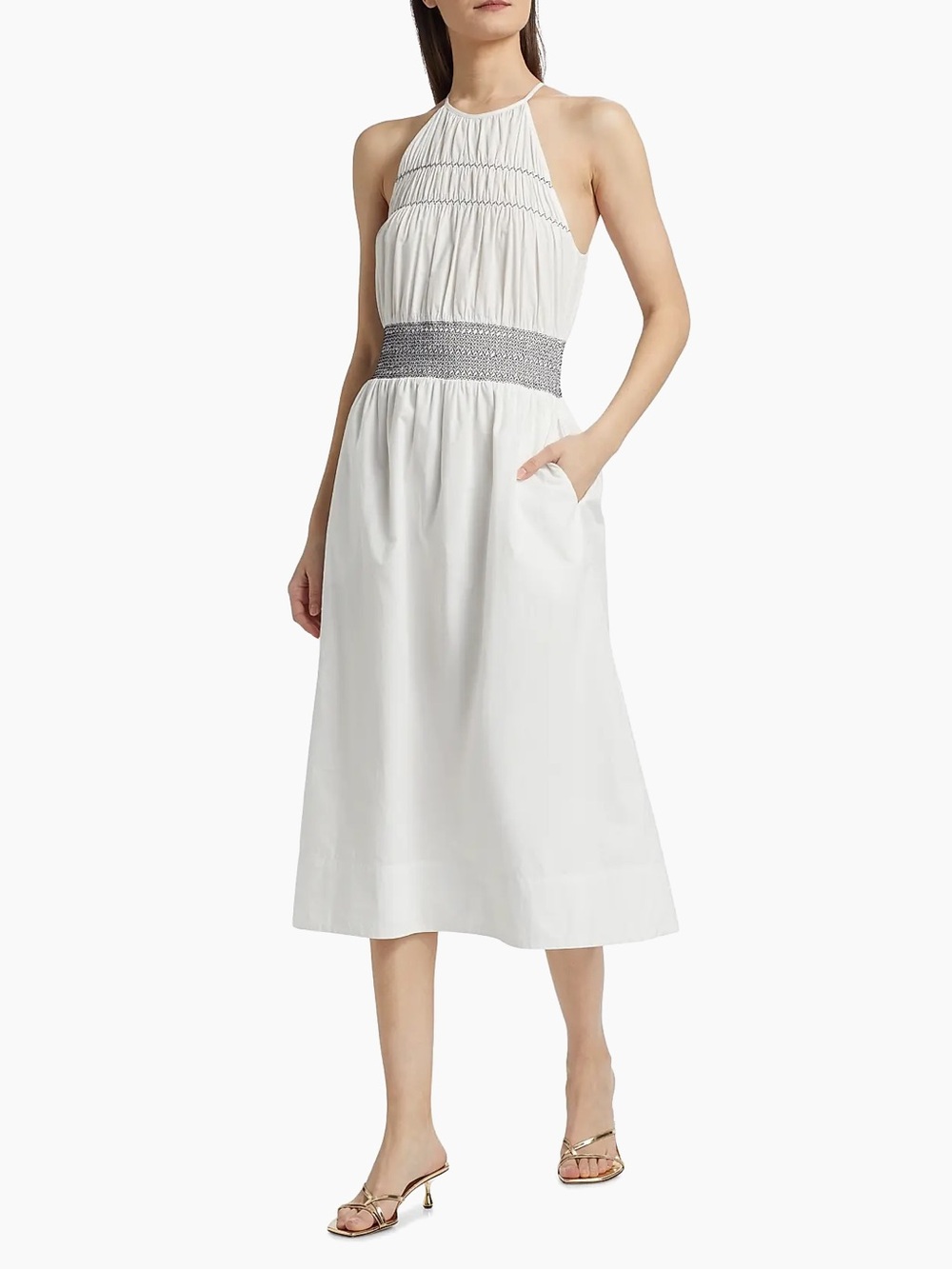 NWT Ramy Brook Melanie Smocked Cotton Midi-Dress in White Size Medium
